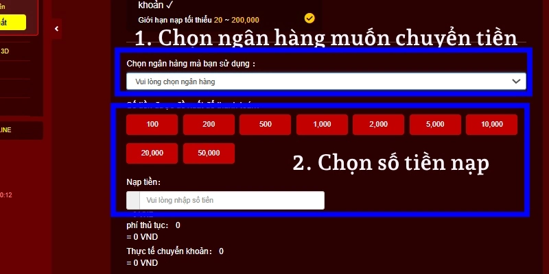 Nhập thông tin muốn nạp vào tài khoản với số tiền muốn gửi