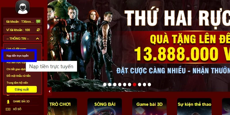 Chọn nạp tiền để hệ thống cộng tiền thưởng